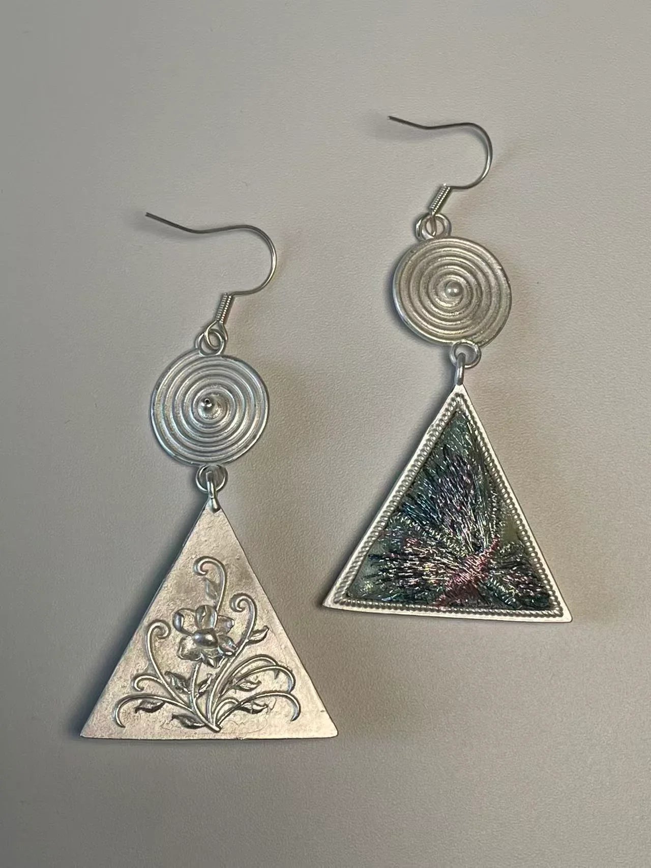 Miao Silver Plated Spiral Disc Embroidered Triangle Drop Earrings Multicolor