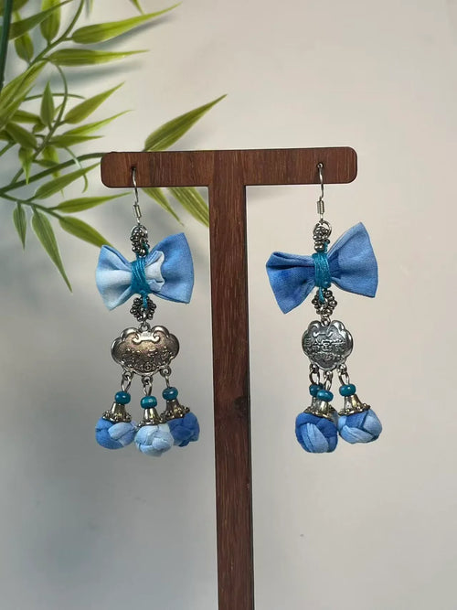 Miao Silver Plated Blue Bow Floral Tassel Drop Earrings Blue