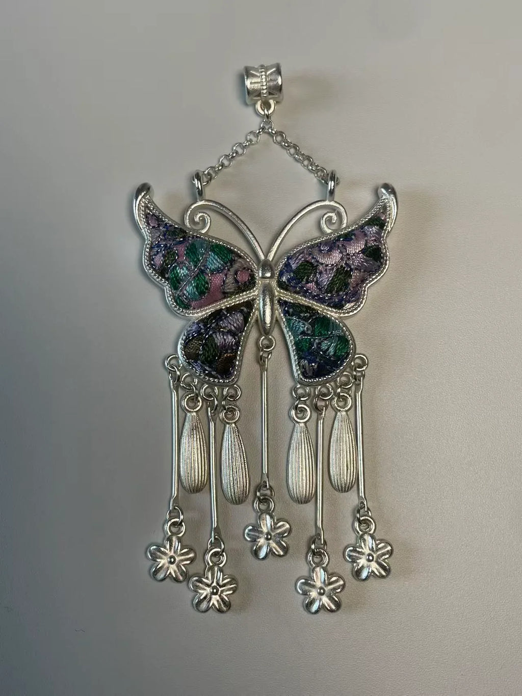 Miao Silver Plated Butterfly Floral Tassel Pendant Necklace Purple