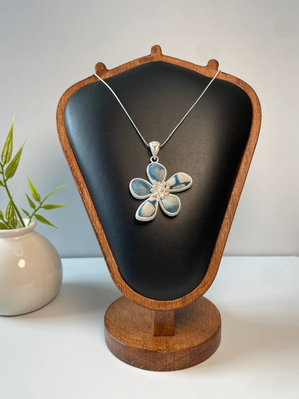 Miao Silver Plated Five Petal Flower Pendant Necklace Blue-Luma Vale