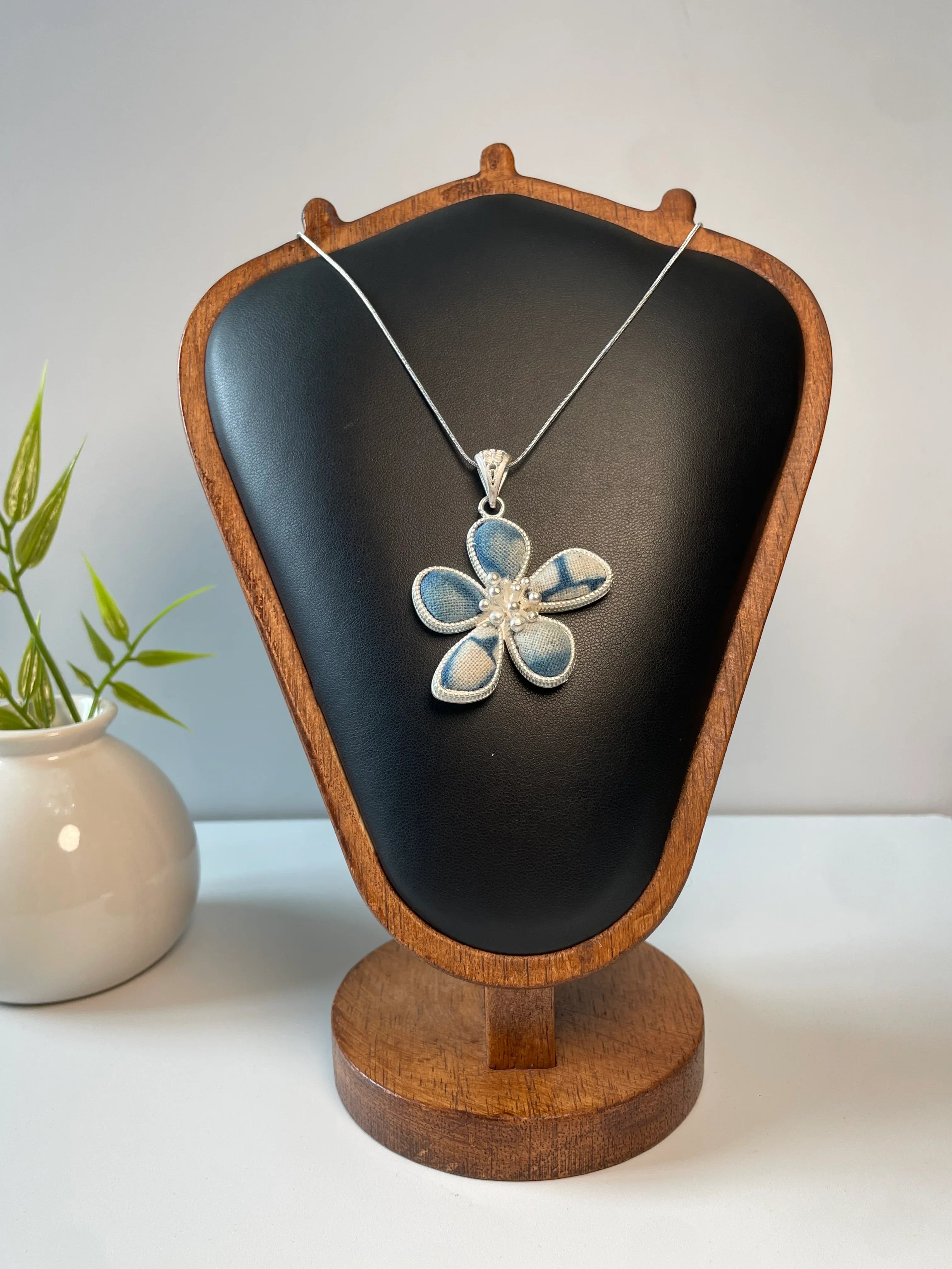 Miao Silver Plated Five Petal Flower Pendant Necklace Blue-Luma Vale