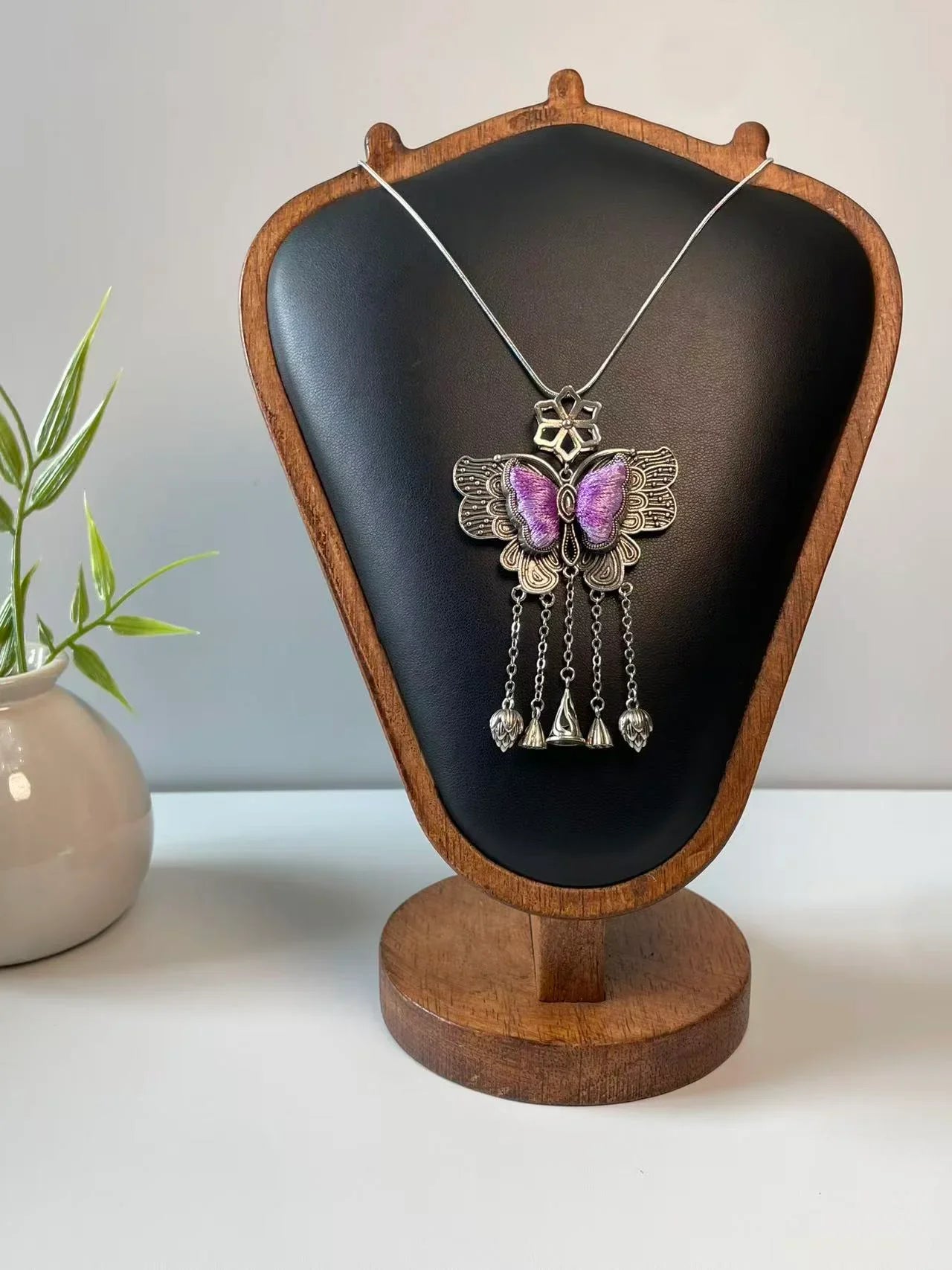 Miao Silver Plated Butterfly Tassel Pendant Necklace Purple-Luma Vale