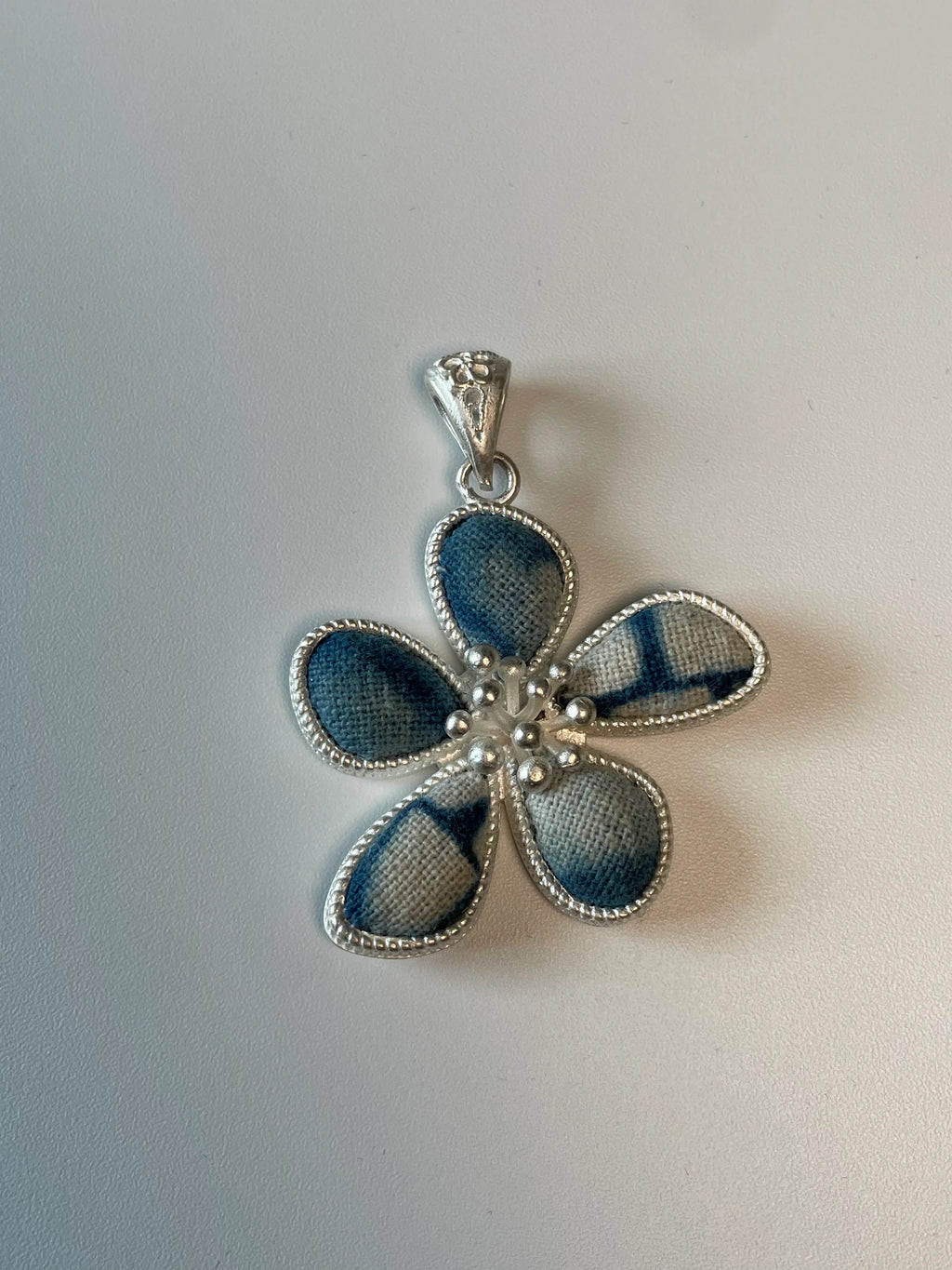 Miao Silver Plated Five Petal Flower Pendant Necklace Blue-Luma Vale