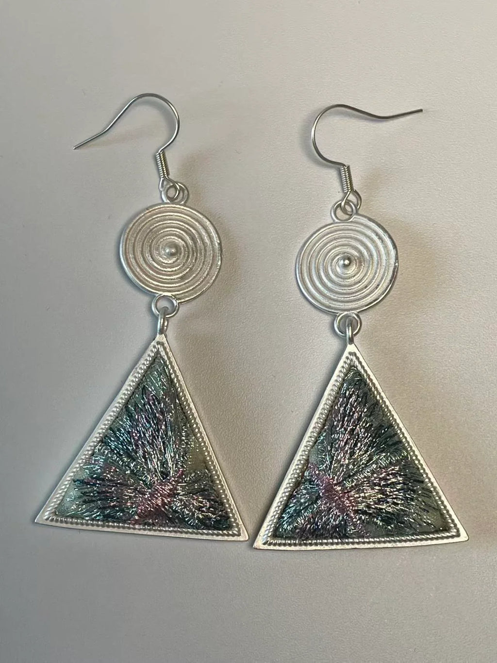 Miao Silver Plated Spiral Disc Embroidered Triangle Drop Earrings Multicolor-Luma Vale
