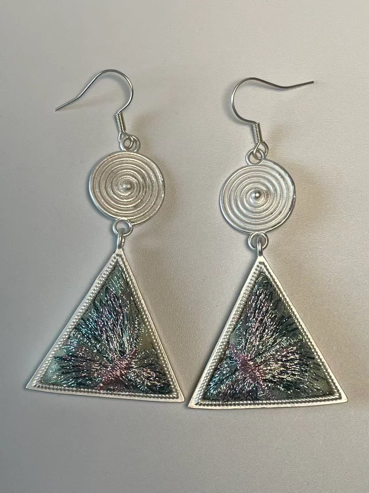Miao Silver Plated Spiral Disc Embroidered Triangle Drop Earrings Multicolor