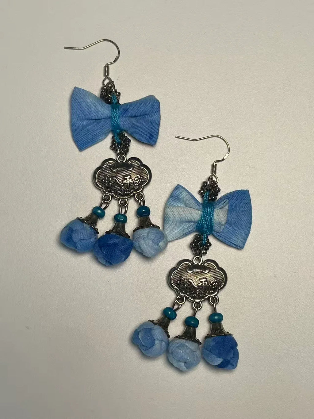 Miao Silver Plated Blue Bow Floral Tassel Drop Earrings Blue-Luma Vale
