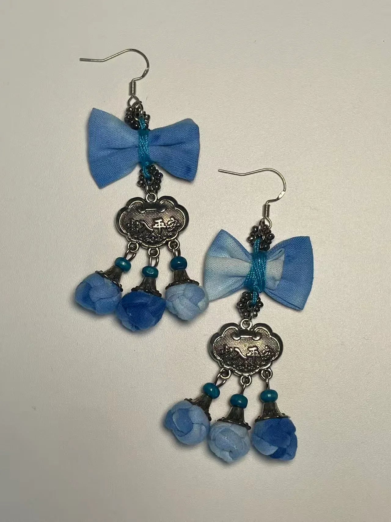 Miao Silver Plated Blue Bow Floral Tassel Drop Earrings Blue