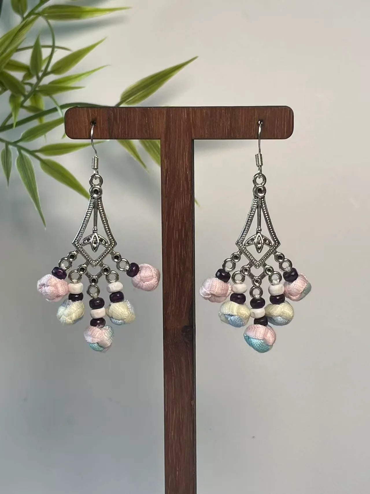 Miao Silver Plated Pastel Beaded Chandelier Earrings Pink Blue