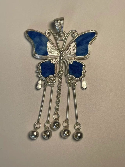 Miao Silver Plated Butterfly Bell Drop Pendant Necklace Blue