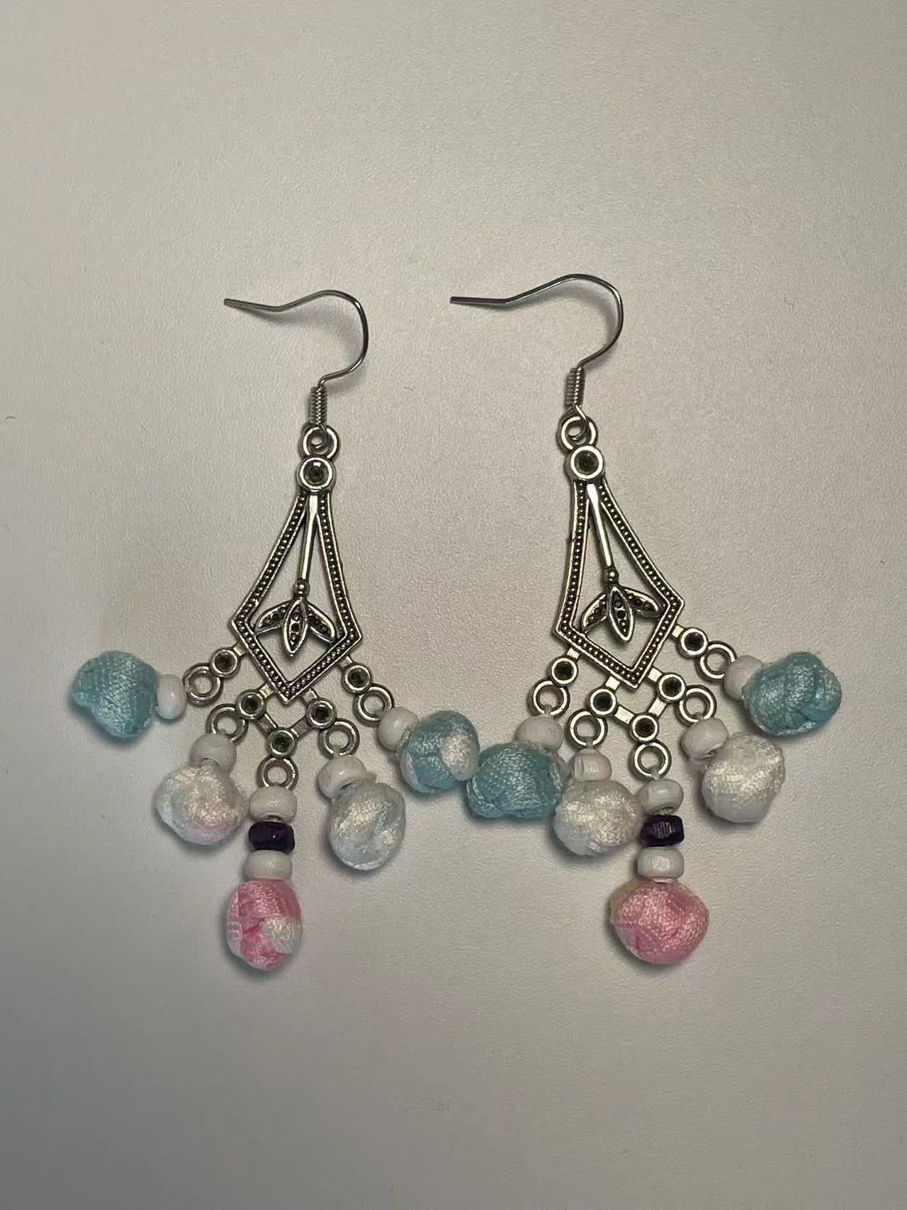 Miao Silver Plated Pastel Beaded Chandelier Earrings Blue Pink