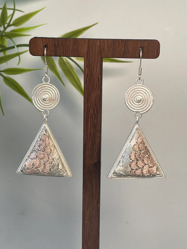 Miao Silver Plated Spiral Flower Triangle Drop Earrings Pink