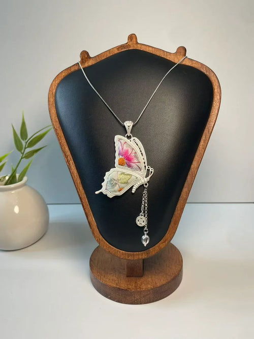 Miao Silver Plated Butterfly Charm Drop Pendant Necklace Pink