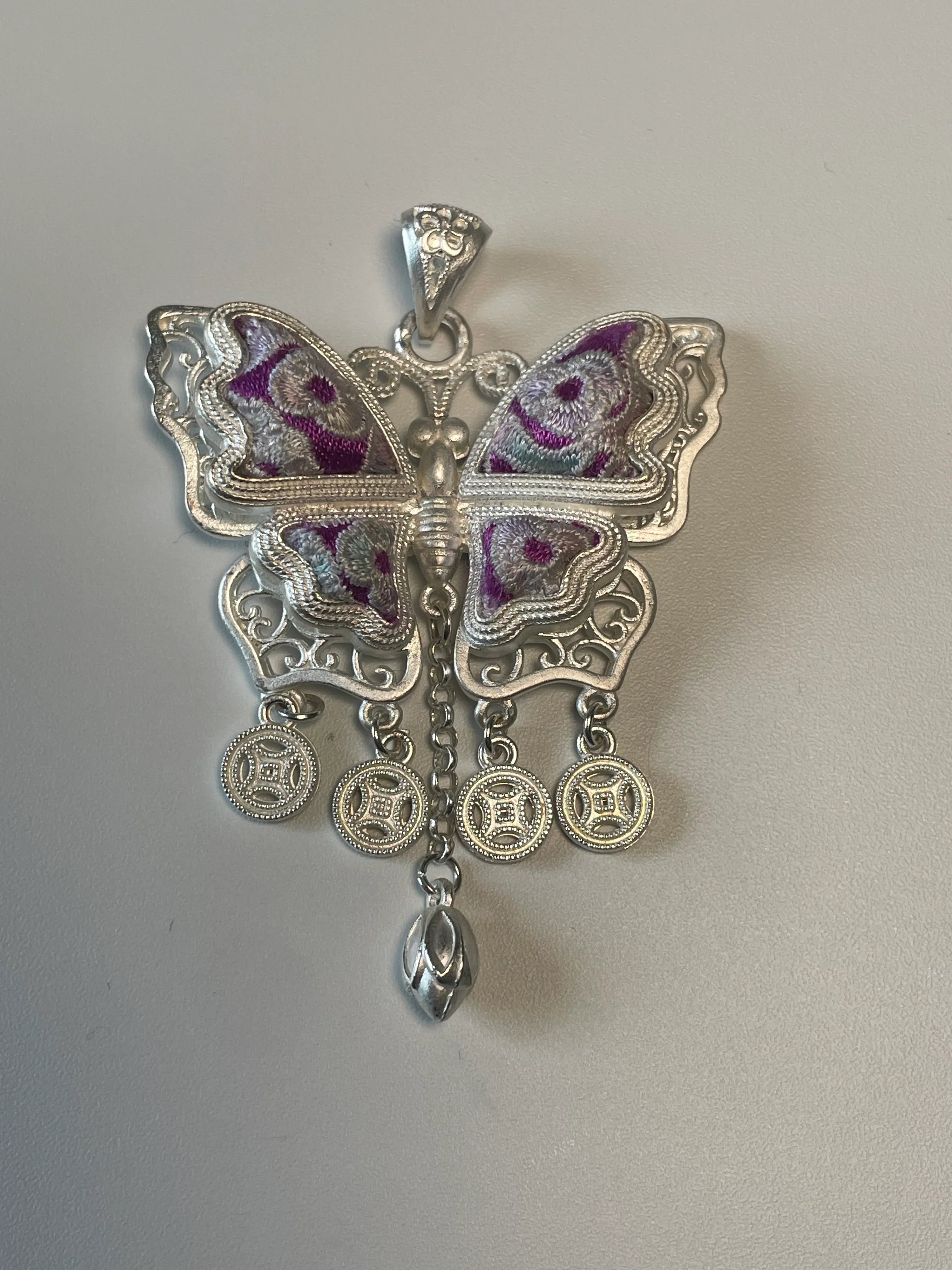 Miao Silver Plated Butterfly Coin Tassel Pendant Necklace Purple-Luma Vale