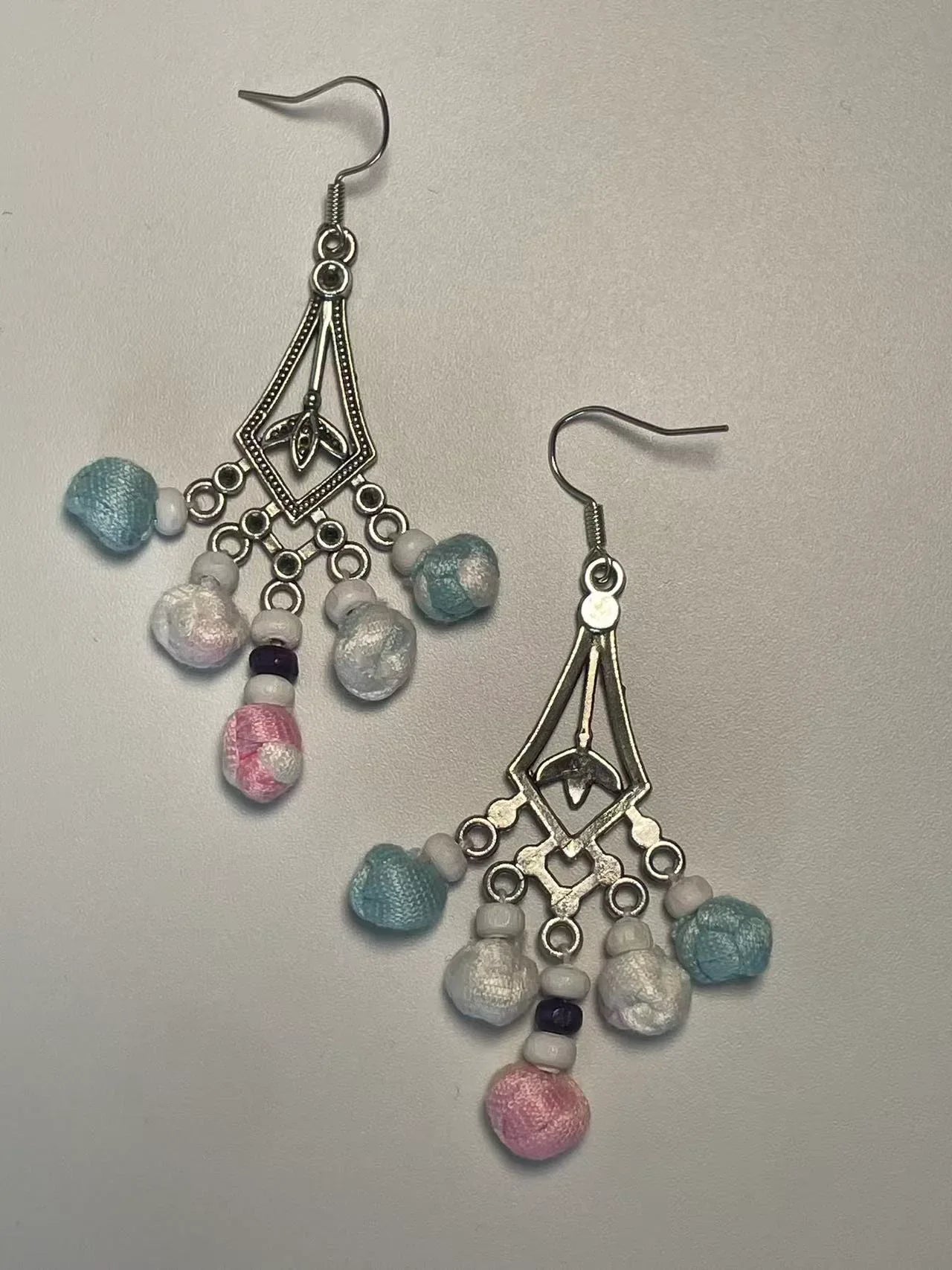 Miao Silver Plated Pastel Beaded Chandelier Earrings Blue Pink