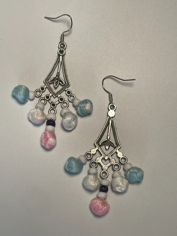 Miao Silver Plated Pastel Beaded Chandelier Earrings Blue Pink