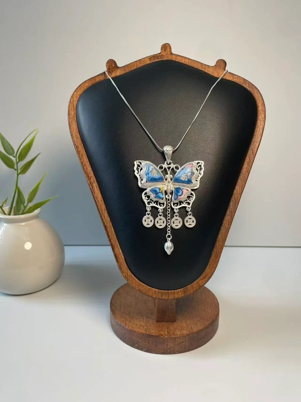 Miao Silver Plated Butterfly Pendant Necklace Blue-Luma Vale