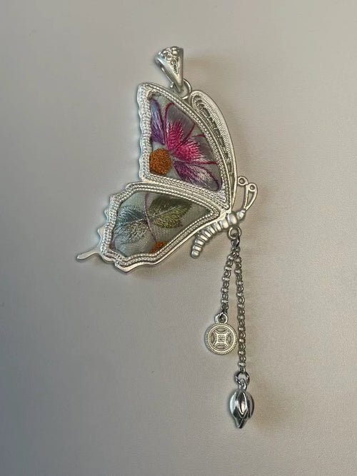 Miao Silver Plated Butterfly Charm Drop Pendant Necklace Pink